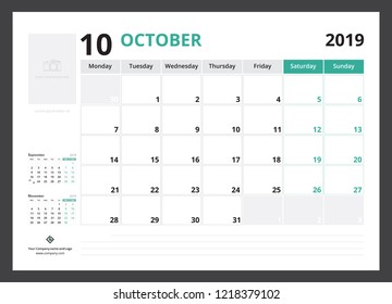 2019 calendar planner corporate template design October week start on Monday.