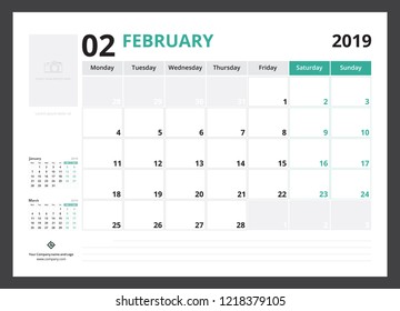 2019 calendar planner corporate template design February week start on Monday.