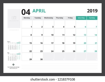 2019 calendar planner corporate template design April week start on Monday.