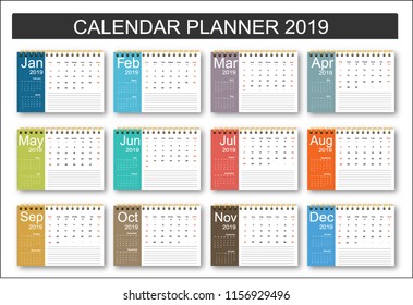 2019 Calendar Planner Design. Monthly scheduler. Week starts on Sunday. Set of 12 months. Vector illustrator.