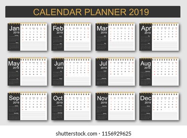 2019 Calendar Planner Design. Monthly scheduler. Week starts on Sunday. Set of 12 months. Vector illustrator.