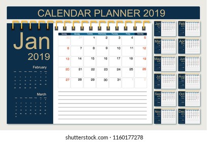 2019 Calendar Planner Design. Monthly scheduler. Week starts on Sunday. Set of 12 months. Vector illustrator.