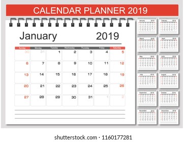2019 Calendar Planner Design. Monthly scheduler. Week starts on Sunday. Set of 12 months. Vector illustrator.