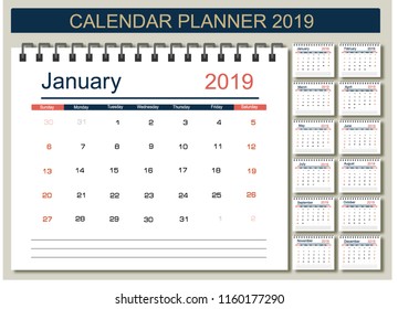 2019 Calendar Planner Design. Monthly scheduler. Week starts on Sunday. Set of 12 months. Vector illustrator.