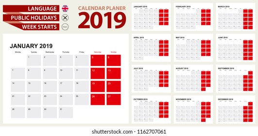 2019 Calendar Planner Design. Week starts from Monday.