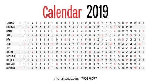 2019 Calendar Planner Horizontal Direction Design Template Vector Illustration Simple Clear 