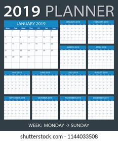 2019 calendar planner - Monday to Sunday
