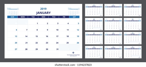 2019 calendar planner set for A5 size template design starts week on Sunday.