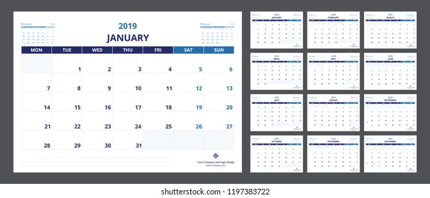 2019 calendar planner set for A5 size template design starts week on Monday.