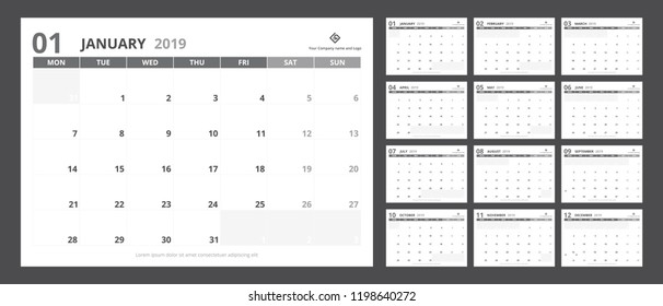 2019 calendar planner set for A5 size template design starts week on Monday.