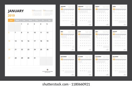 2019 calendar planner set for template corporate design week start on Sunday.