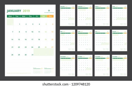 2019 calendar planner set for template design size A4 starts week on Monday.