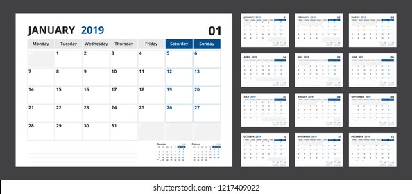 2019 calendar planner set for template corporate design week start on Monday.