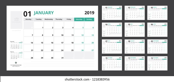 2019 calendar planner set for template corporate design week start on Monday.