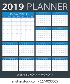 2019 calendar planner - Sunday to Monday
