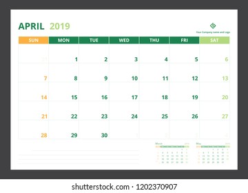2019 calendar planner for template design size A5 April starts week on Sunday.