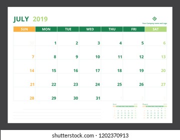 2019 calendar planner for template design size A5 July starts week on Sunday.