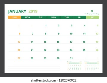 2019 calendar planner for template design size A5 January starts week on Sunday.