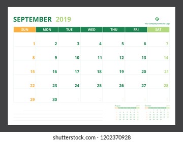2019 calendar planner for template design size A5 September starts week on Sunday.