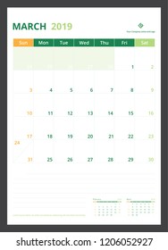 2019 calendar planner for template design size A4 March starts week on Sunday.