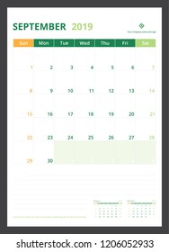 2019 calendar planner for template design size A4 September starts week on Sunday.