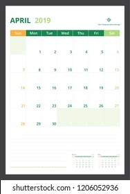 2019 calendar planner for template design size A4 April starts week on Sunday.