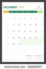 2019 calendar planner for template design size A4 December starts week on Sunday.