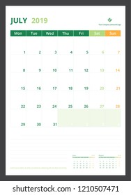 2019 calendar planner for template design size A4 July starts week on Monday.