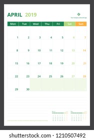 2019 calendar planner for template design size A4 April starts week on Monday.