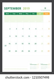 2019 calendar planner for template design size A4 September starts week on Monday.