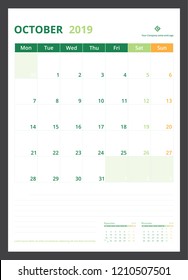 2019 calendar planner for template design size A4 October starts week on Monday.