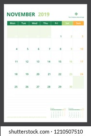2019 calendar planner for template design size A4 November starts week on Monday.