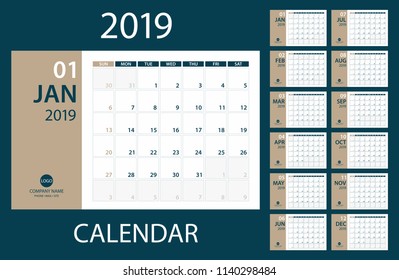 2019 Calendar PLanner - vector illustration.Template. Mock up. Week starts Sunday