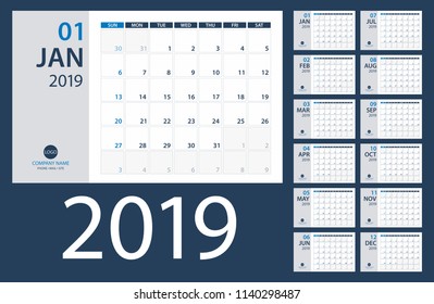 2019 Calendar PLanner - vector illustration.Template. Mock up. Week starts Sunday