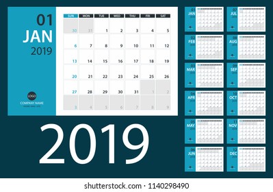 2019 Calendar PLanner - vector illustration.Template. Mock up. Week starts Sunday