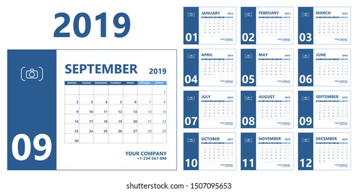 2019 calendar planner. Week starts on Monday. Design template. Set of 12 month. Vector illustration