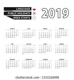 2019 calendar in Polish language, week starts from Sunday. Vector Illustration.