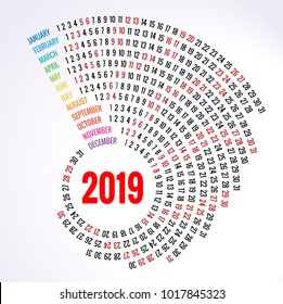 2019 calendar Print Template Spiral calendar Set of 12 Months Round Planner for 2019 Year.