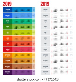 2019 Calendar. Print Template. Week Starts Sunday. Portrait Orientation. Set of 12 Months. Planner for 2019 Year. 