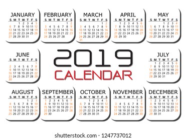 2019 calendar red black text number on white background vector illustration.
