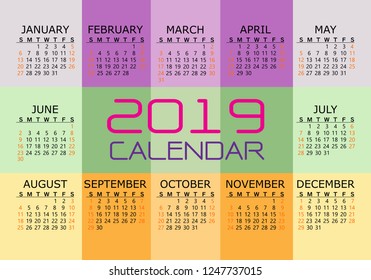 2019 calendar red black text number on color background vector illustration.