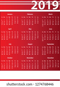 2019 Calendar in Red with blank space for contact information