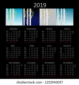 2019 calendar with seasons and birch tree on black background