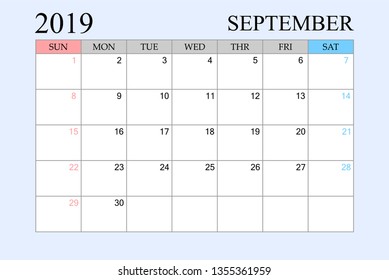 2019 Calendar, September, Schedule Planner, organizer, weeks start from Sunday, Vector Illustration
