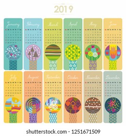 2019 Calendar set with vertical banners or cards. Weeks start with Sunday.