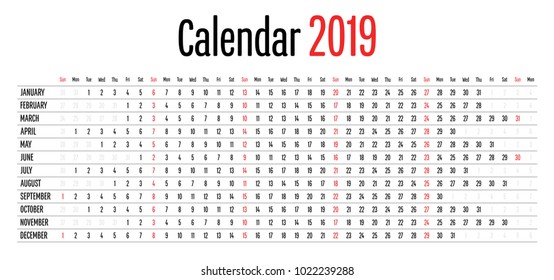 2019 Calendar Simple Clear Design Template Horizontal Dimension Vector Illustration
