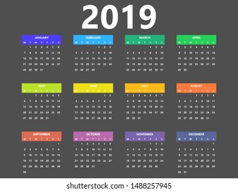 2019 calendar simple style planner layout.  Colorful headers.  Week starts from Monday