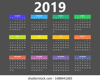 2019 calendar simple style planner layout.  Colorful headers.  Week starts from Sunday