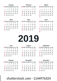 2019 Calendar in simple style. Week starts Sunday. Vector. Stationery 2019 template in minimal design. Yearly calendar organizer.