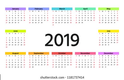 2019 Calendar in simple style. Week starts Sunday. Vector. Stationery 2019 year horizontal template in minimal design. Yearly calendar organizer for weeks. Landscape orientation.